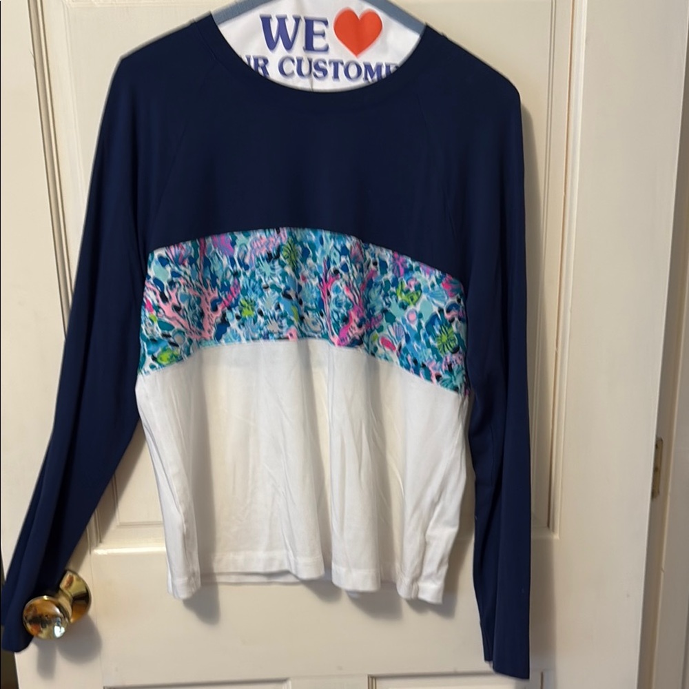 Blue and White Long Sleeve Shirt with Floral Pattern